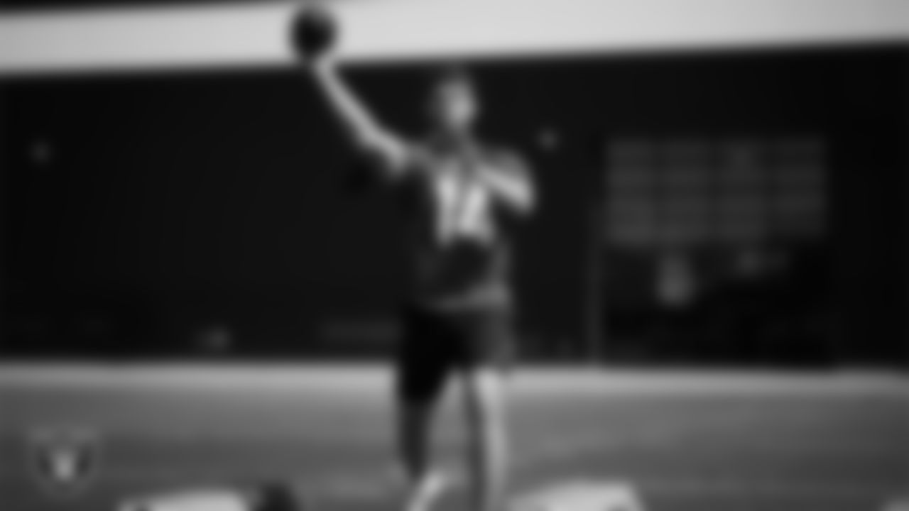 Las Vegas Raiders quarterback Carter Bradley (14) at a workout during phase two of the offseason program at Intermountain Health Performance Center.