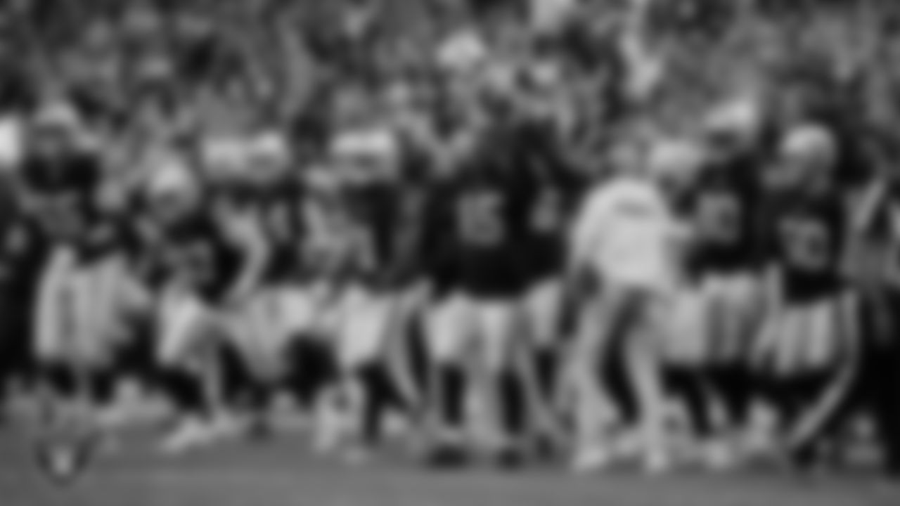 The Las Vegas Raiders celebrate after tight end Brock Bowers' (89) 7-yard touchdown catch during the regular season home game against the Jacksonville Jaguars at Allegiant Stadium.