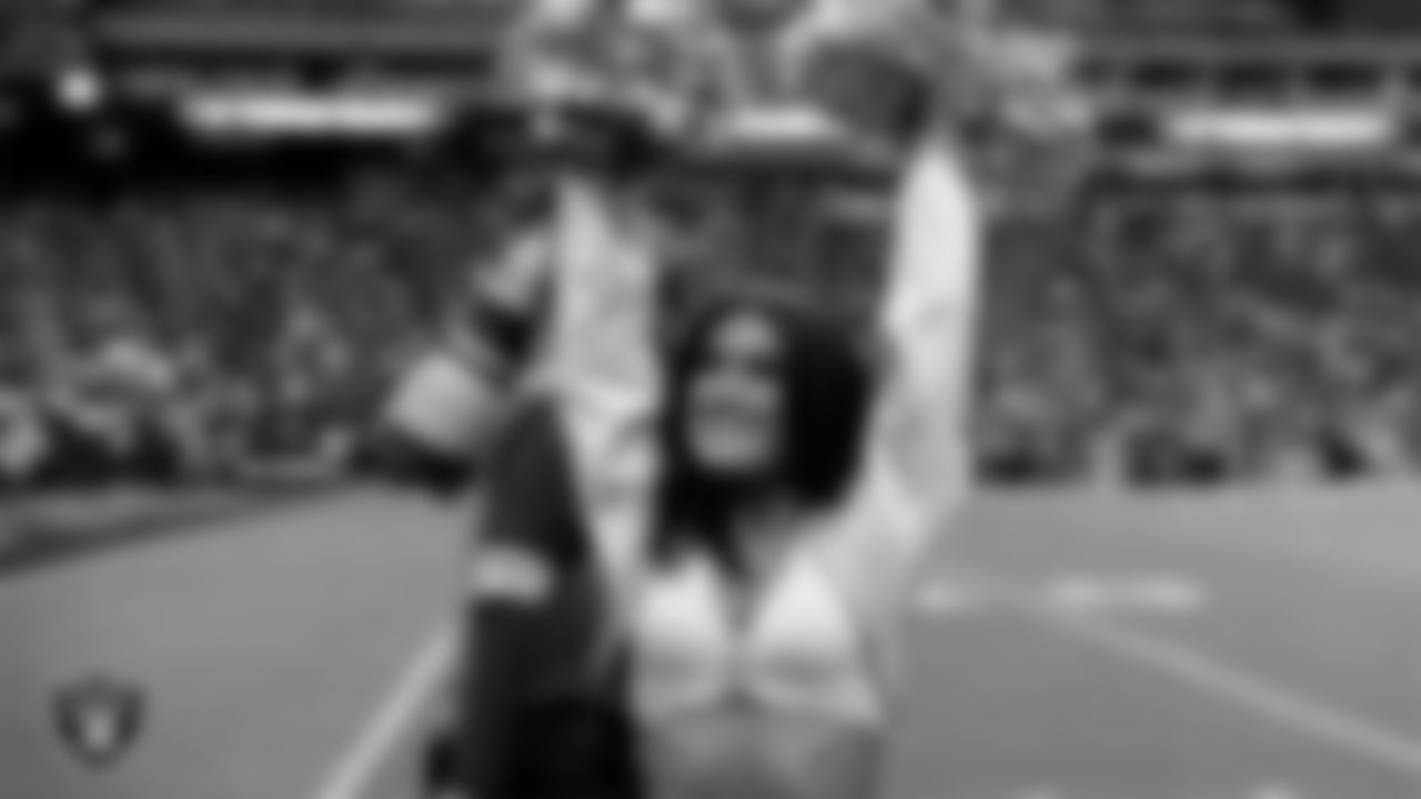 Raiderette Macy on the sidelines during the regular season home game against the Cleveland Browns at Allegiant Stadium.