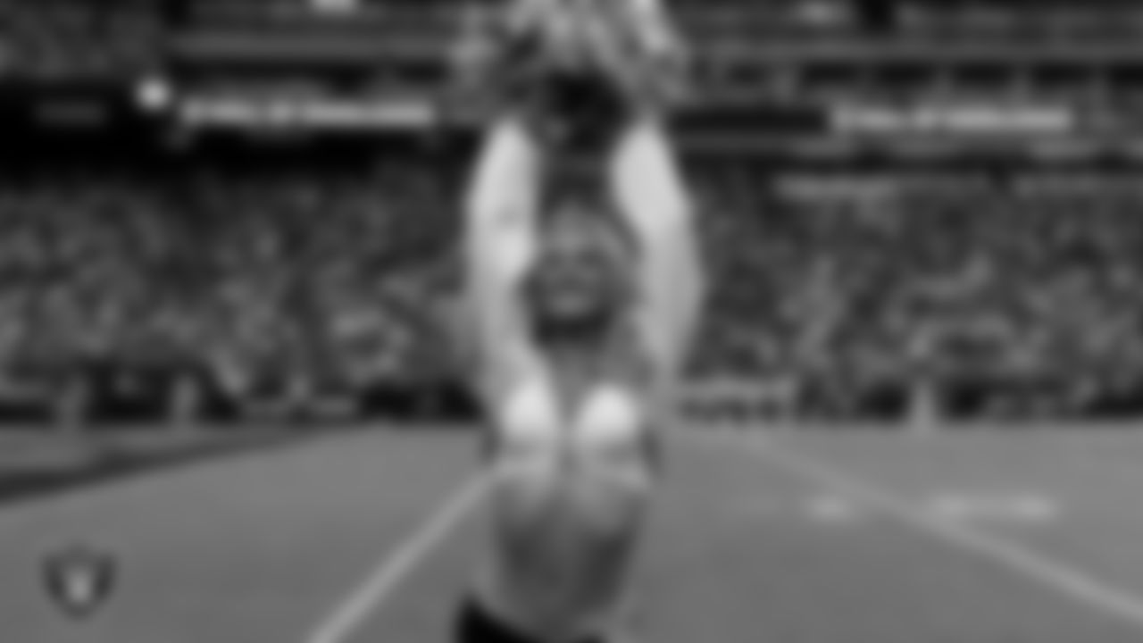 Raiderette Jessica on the sidelines during the regular season home game against the Chicago Bears at Allegiant Stadium.