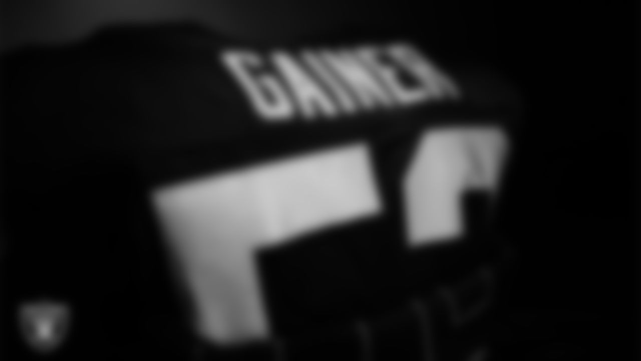 Las Vegas Raiders linebacker Amari Gainer's (53) pads in the locker room prior to the Raiders' arrival for their preseason home game against the San Francisco 49ers at Allegiant Stadium.