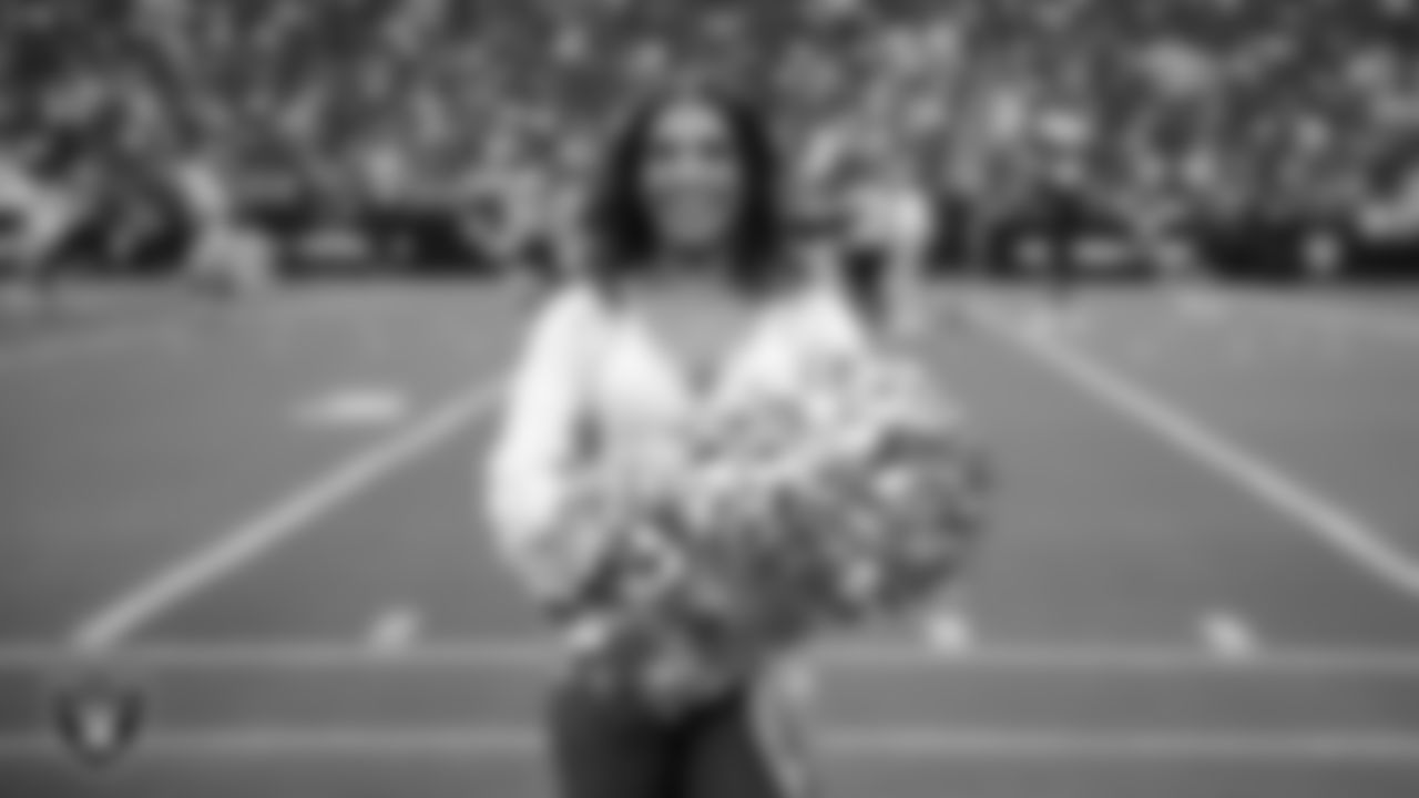 Raiderette Ashtin on the sidelines during a 2025 Training Camp mock game at Allegiant Stadium.