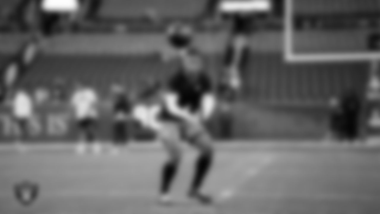 Las Vegas Raiders wide receiver Tre Tucker (1) warming up before the regular season away game against the Denver Broncos at Empower Field at Mile High.