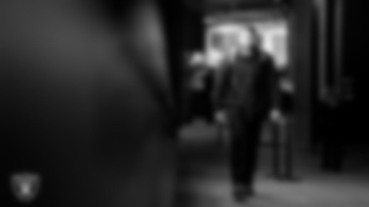 Las Vegas Raiders linebacker Jon Rhattigan (59) arrives to the regular season home game against the Denver Broncos at Allegiant Stadium.