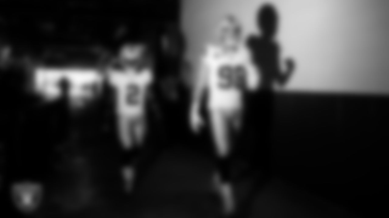 Las Vegas Raiders running back Ashton Jeanty (2) and defensive end Maxx Crosby (98) walk down the tunnel before the regular season away game against the Philadelphia Eagles at Lincoln Financial Field.