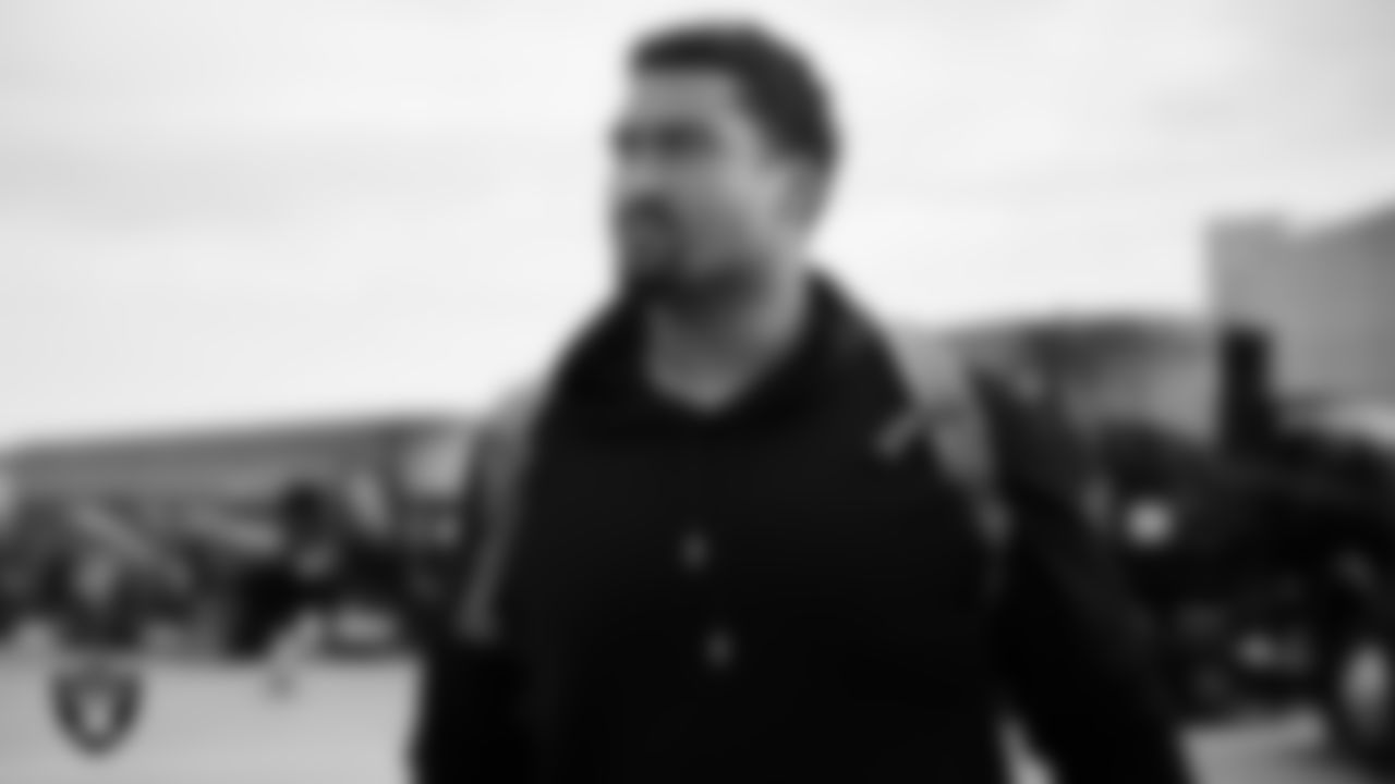 Las Vegas Raiders offensive lineman Stone Forsythe (70) departs for the regular season away game against the Denver Broncos.