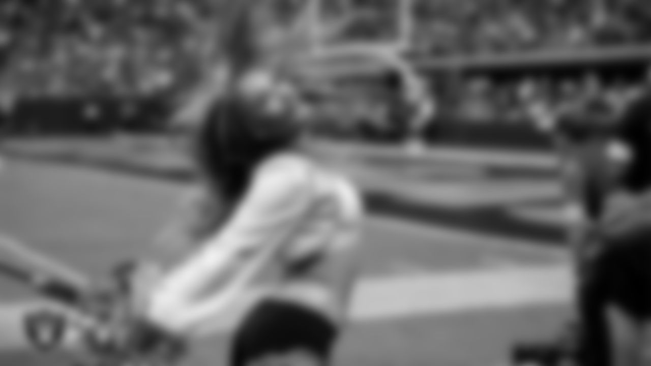 Raiderette Madisyn performs on the sidelines during the regular season home game against the Tennessee Titans at Allegiant Stadium.