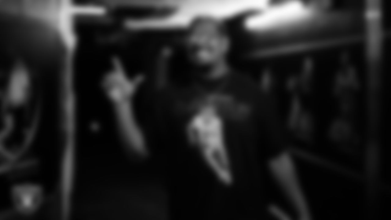 Las Vegas Raiders guard Caleb Rogers (76) arrives to the regular season home game against the Denver Broncos at Allegiant Stadium.