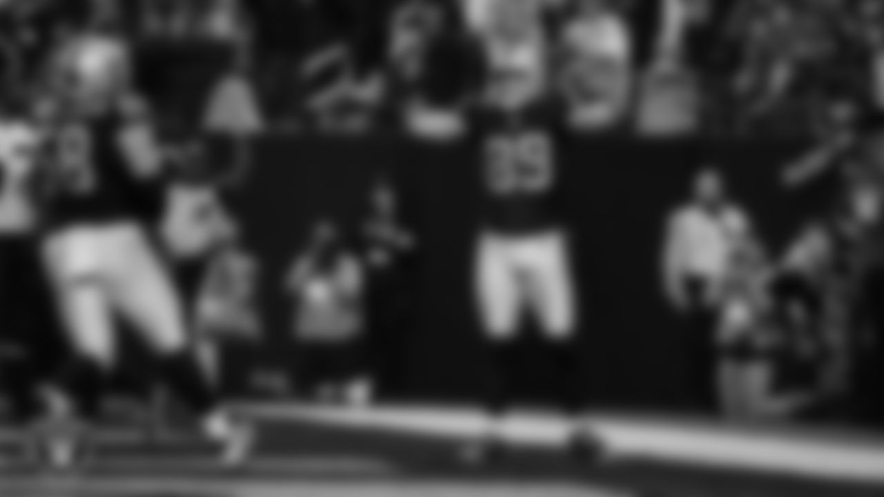 Las Vegas Raiders tight end Brock Bowers (89) celebrates after making a 2-yard touchdown catch during the regular season home game against the Jacksonville Jaguars at Allegiant Stadium.