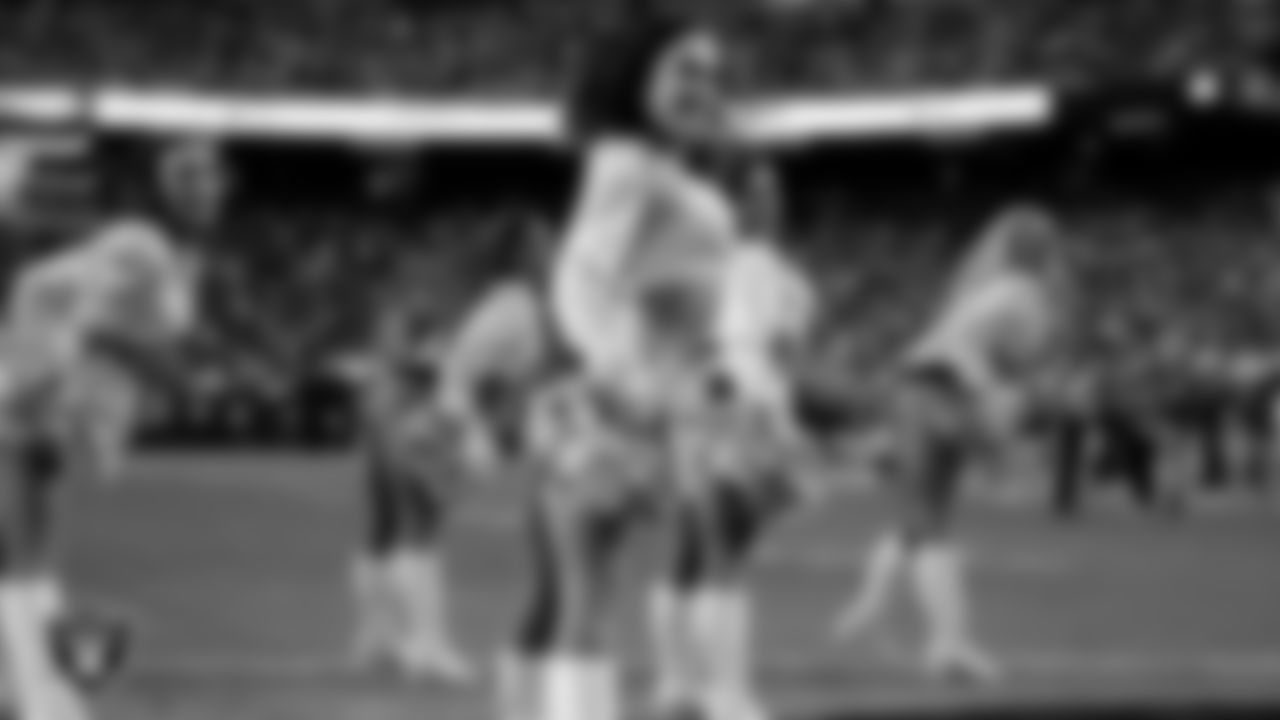 Raiderette Kylie performs on the field during the regular season home game against the Kansas City Chiefs at Allegiant Stadium.