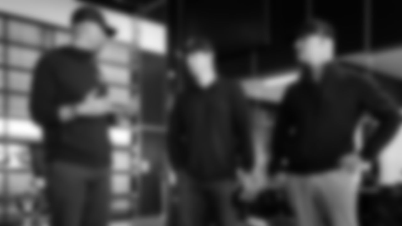 Las Vegas Raiders General Manager John Spytek, Head Coach Klint Kubiak and senior vice president of coaching operations Matt Capurro in the weight room at Intermountain Health Performance Center.