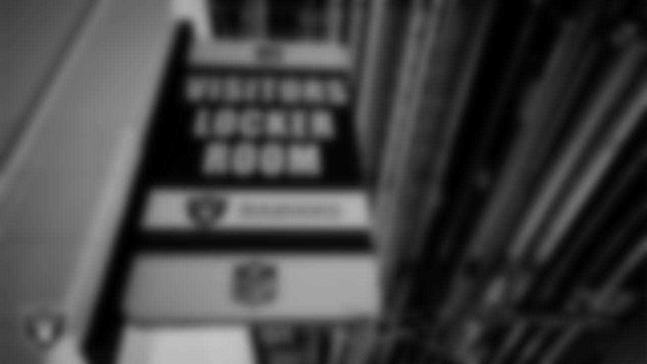 Signage for the locker room prior to the Las Vegas Raiders' arrival for their regular season away game against the Philadelphia Eagles at Lincoln Financial Field.