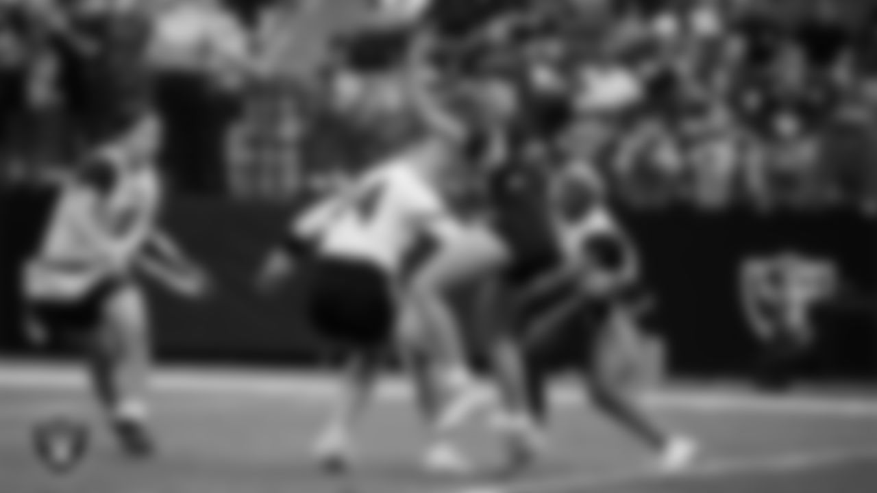 The Nevada State University flag football team participates in a Play 60 Showcase before the Las Vegas Raiders' regular season home game against the Jacksonville Jaguars at Allegiant Stadium.