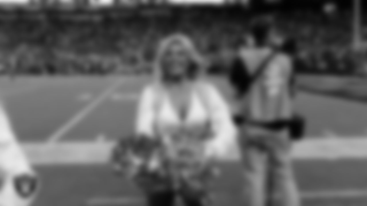 Raiderette Isabella on the sidelines during the regular season home game against the Los Angeles Chargers at Allegiant Stadium.