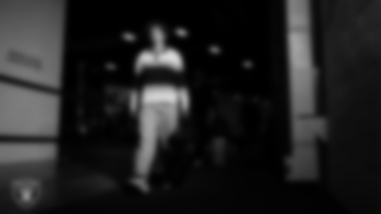 Las Vegas Raiders safety Tristin McCollum (27) arrives to the regular season away game against the Denver Broncos at Empower Field at Mile High.