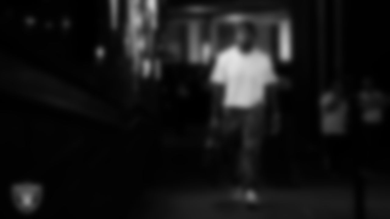 Las Vegas Raiders defensive end Malcolm Koonce (51) arrives to the regular season home game against the Tennessee Titans at Allegiant Stadium.