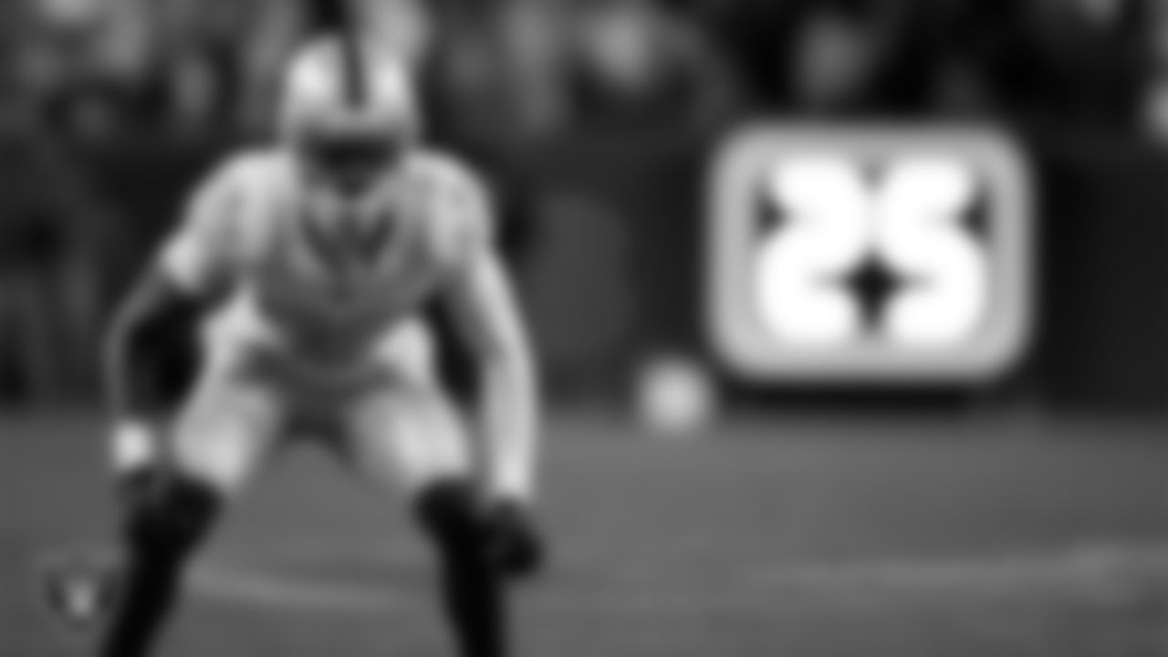 Las Vegas Raiders cornerback Kyu Blu Kelly (36) lines up before the snap during the regular season away game against the Denver Broncos at Empower Field at Mile High.