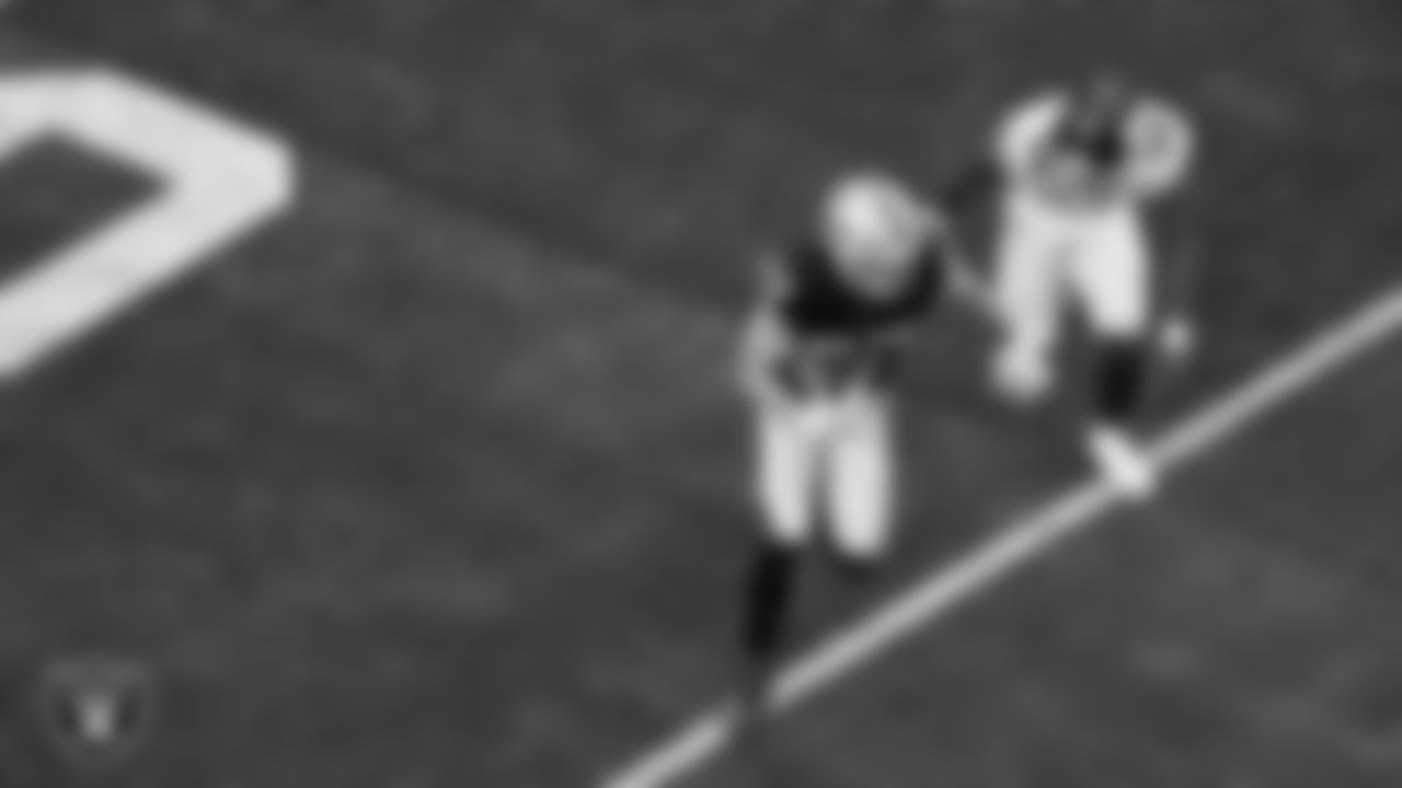 Las Vegas Raiders tight end Michael Mayer (87) runs after making a catch during the regular season home game against the New York Giants at Allegiant Stadium.