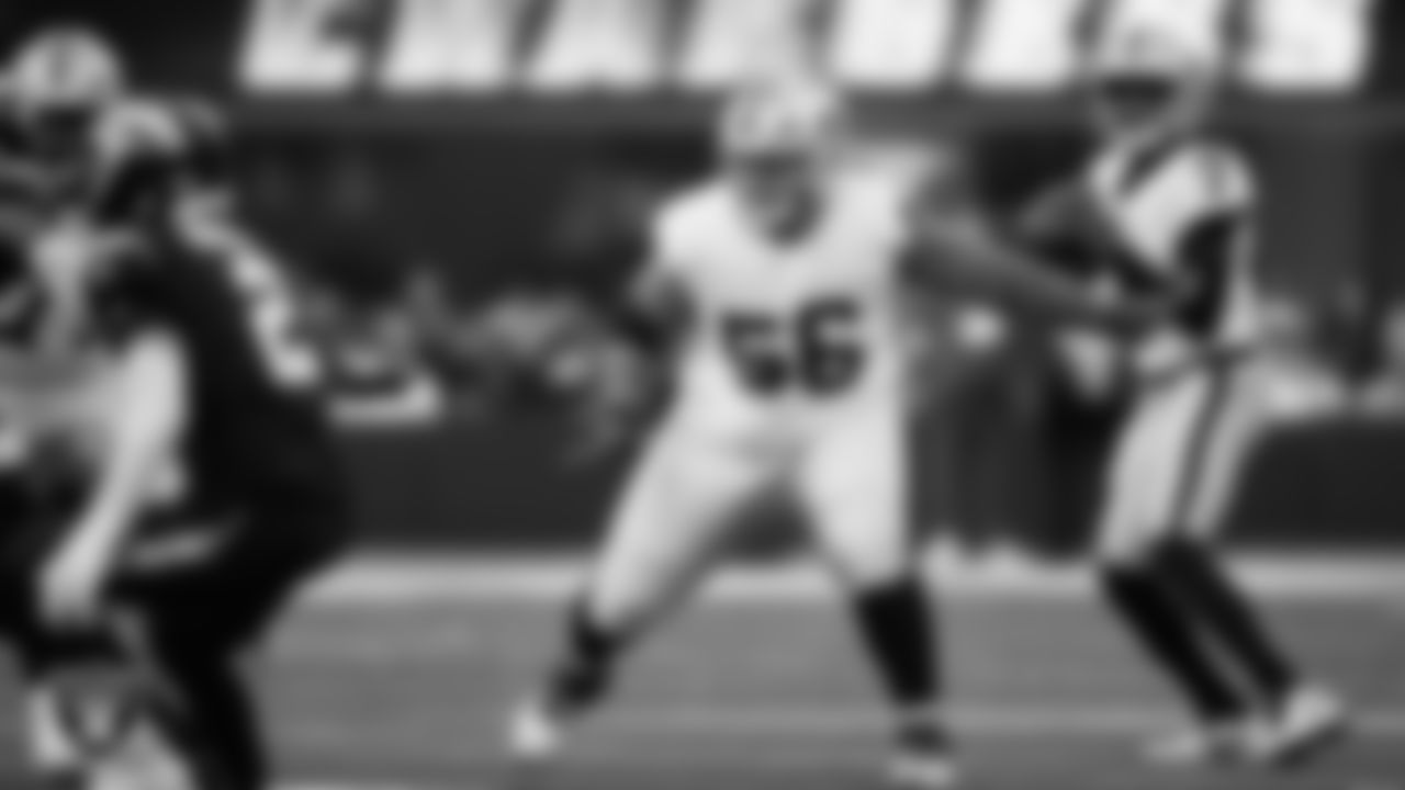 Las Vegas Raiders guard Atonio Mafi (56) blocks during the regular season away game against the Los Angeles Chargers at SoFi Stadium.