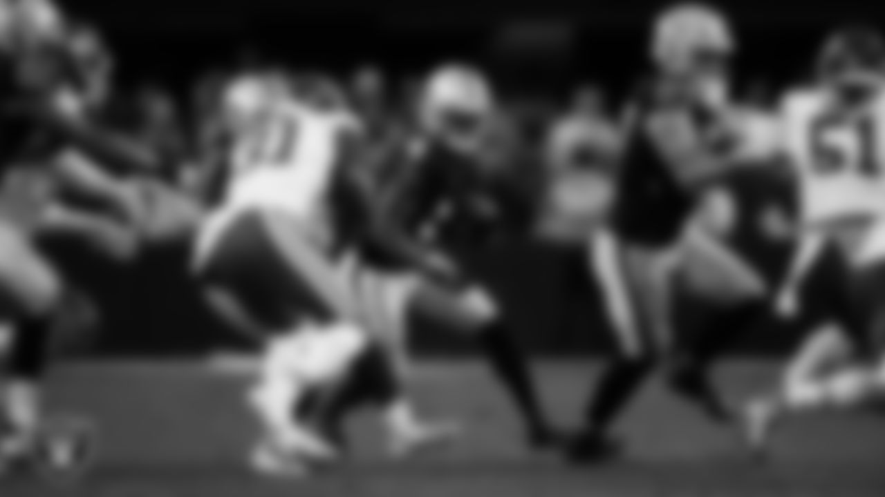 Las Vegas Raiders wide receiver Shedrick Jackson (4) runs after making a catch during the regular season home game against the Kansas City Chiefs at Allegiant Stadium.