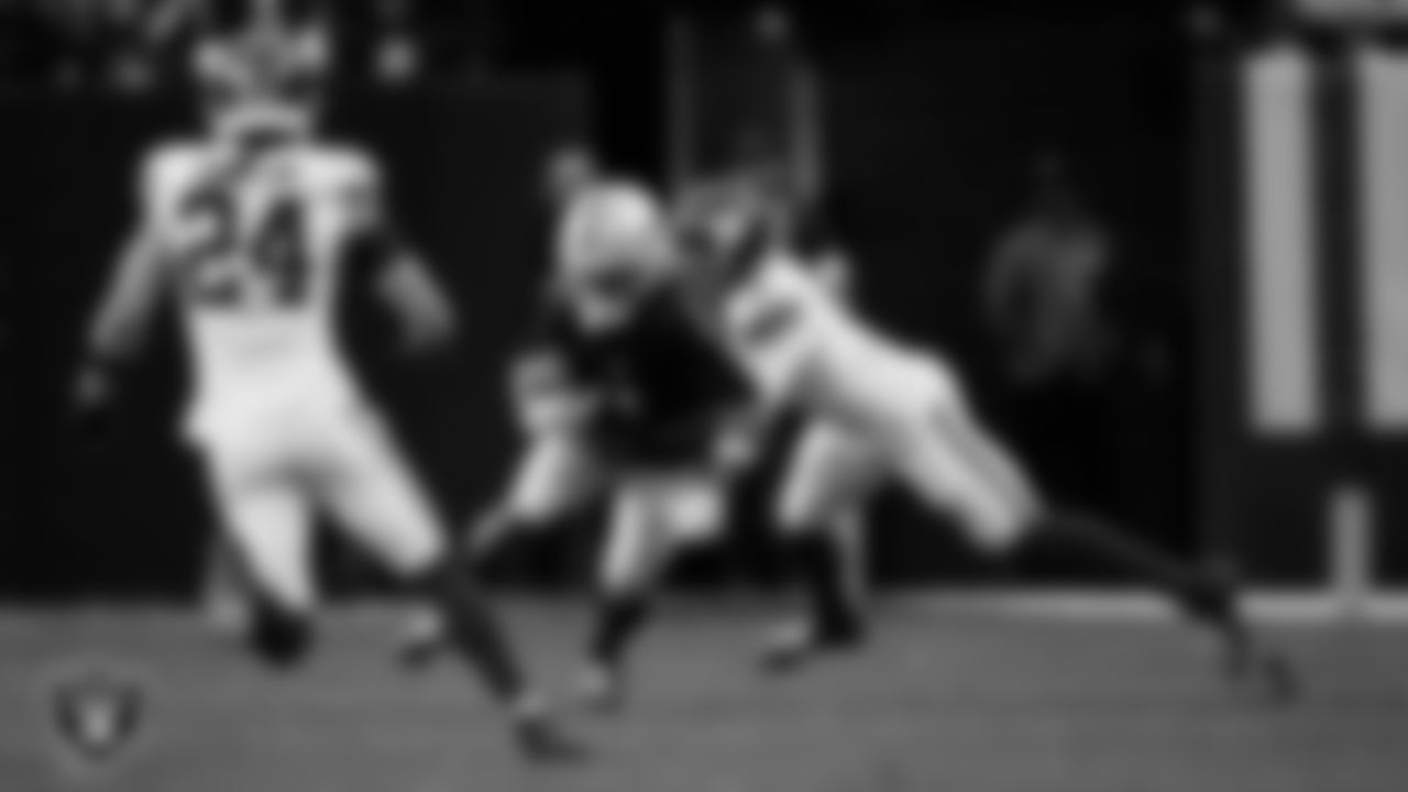 Las Vegas Raiders wide receiver Tre Tucker (1) runs after making a catch during the regular season home game against the New York Giants at Allegiant Stadium.