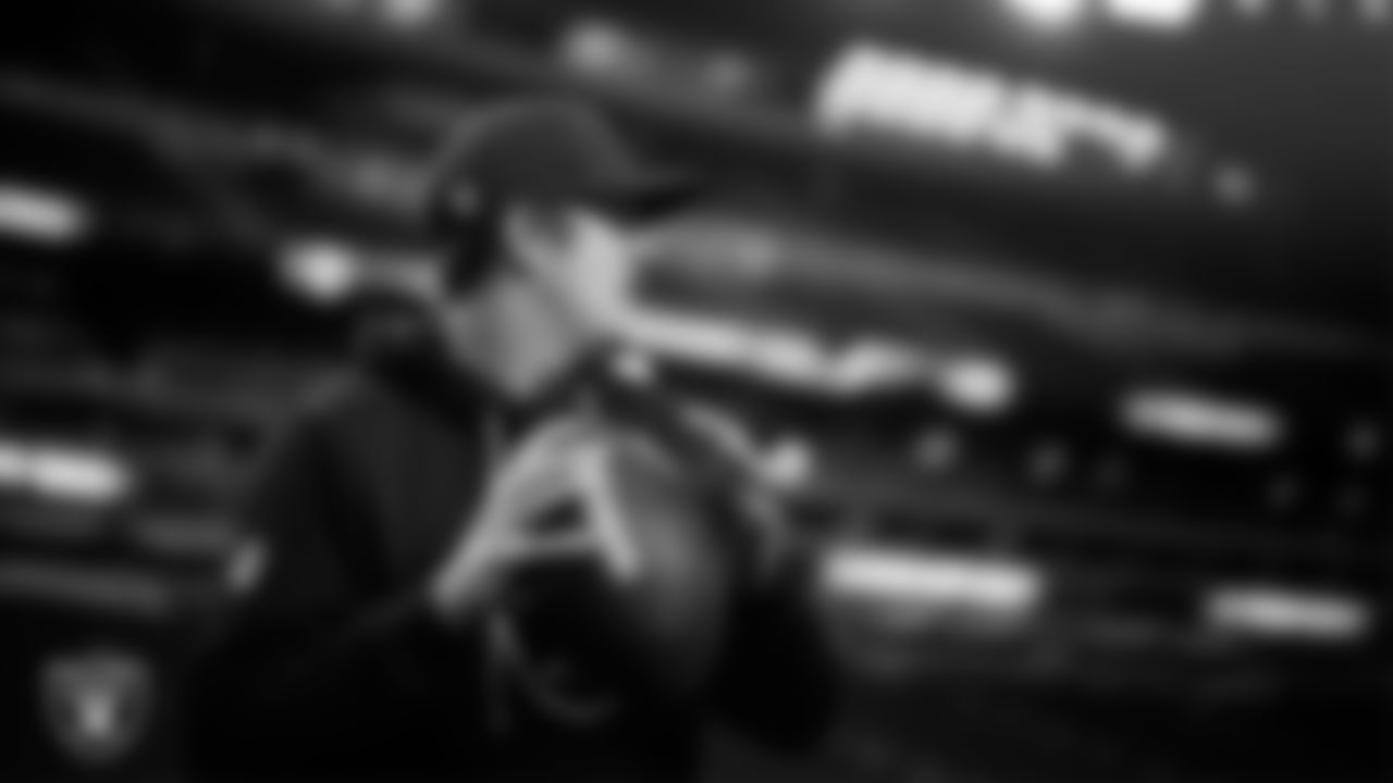 Las Vegas Raiders quarterback Aidan O'Connell (12) warming up before the regular season home game against the Kansas City Chiefs at Allegiant Stadium.