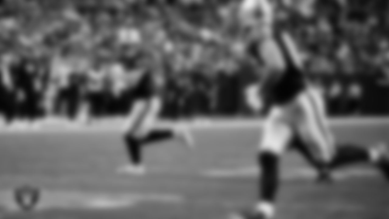 Las Vegas Raiders tight end Michael Mayer (87) runs after making a catch during the regular season home game against the Jacksonville Jaguars at Allegiant Stadium.