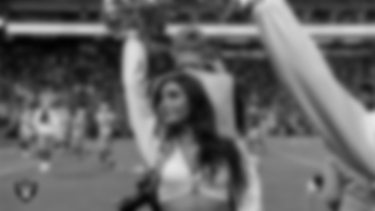 Raiderette Maddie on the sidelines during the regular season home game against the Dallas Cowboys at Allegiant Stadium.