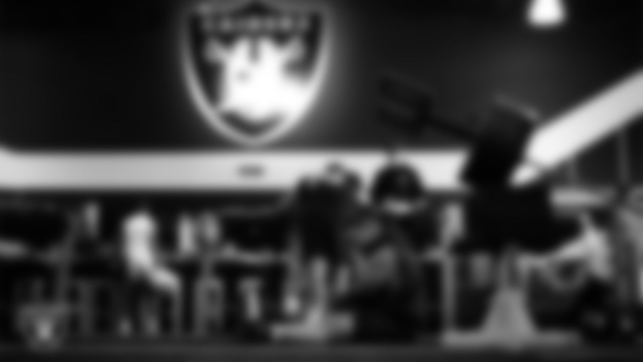 Las Vegas Raiders guard Atonio Mafi (56) in the weight room during practice at Intermountain Health Performance Center.