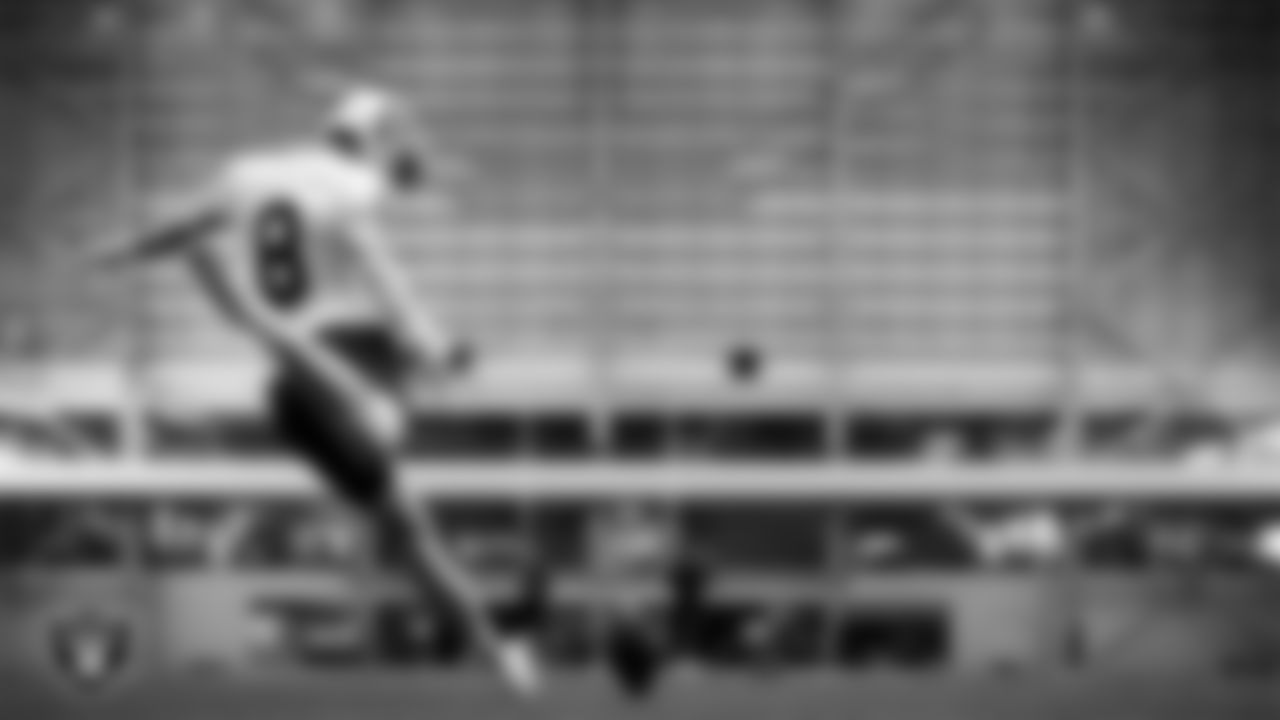 Las Vegas Raiders kicker Daniel Carlson (8) at an Organized Team Activity (OTA) at Intermountain Health Performance Center.