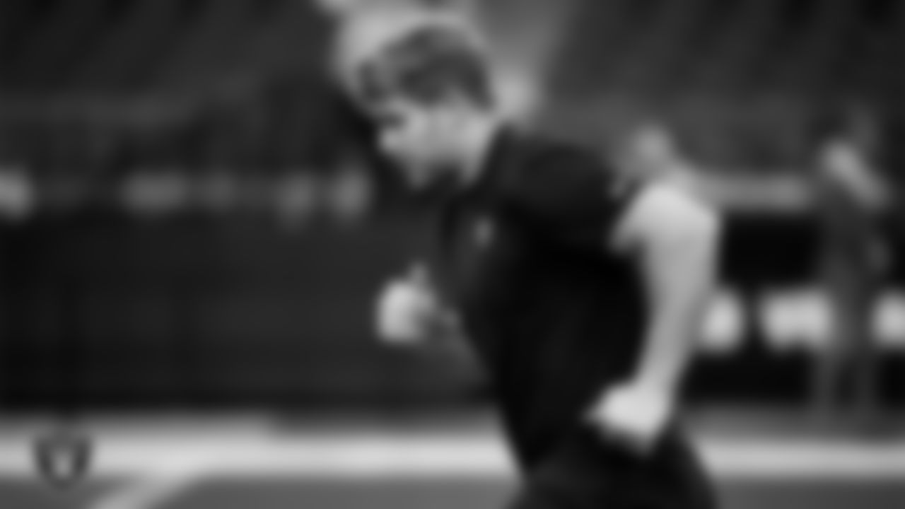 Las Vegas Raiders tight end Michael Mayer (87) warming up before the regular season home game against the Cleveland Browns at Allegiant Stadium.