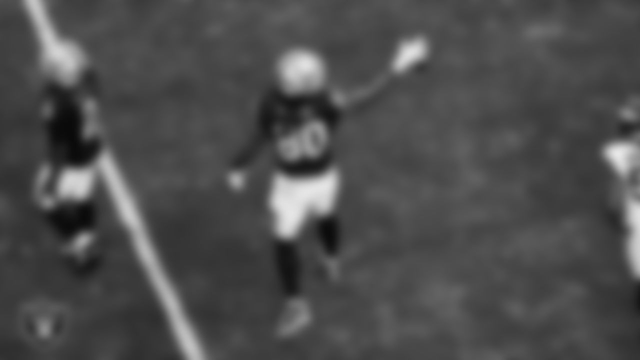 Las Vegas Raiders tight end Ian Thomas (80) celebrates after making a first down during the regular season home game against the Denver Broncos at Allegiant Stadium.