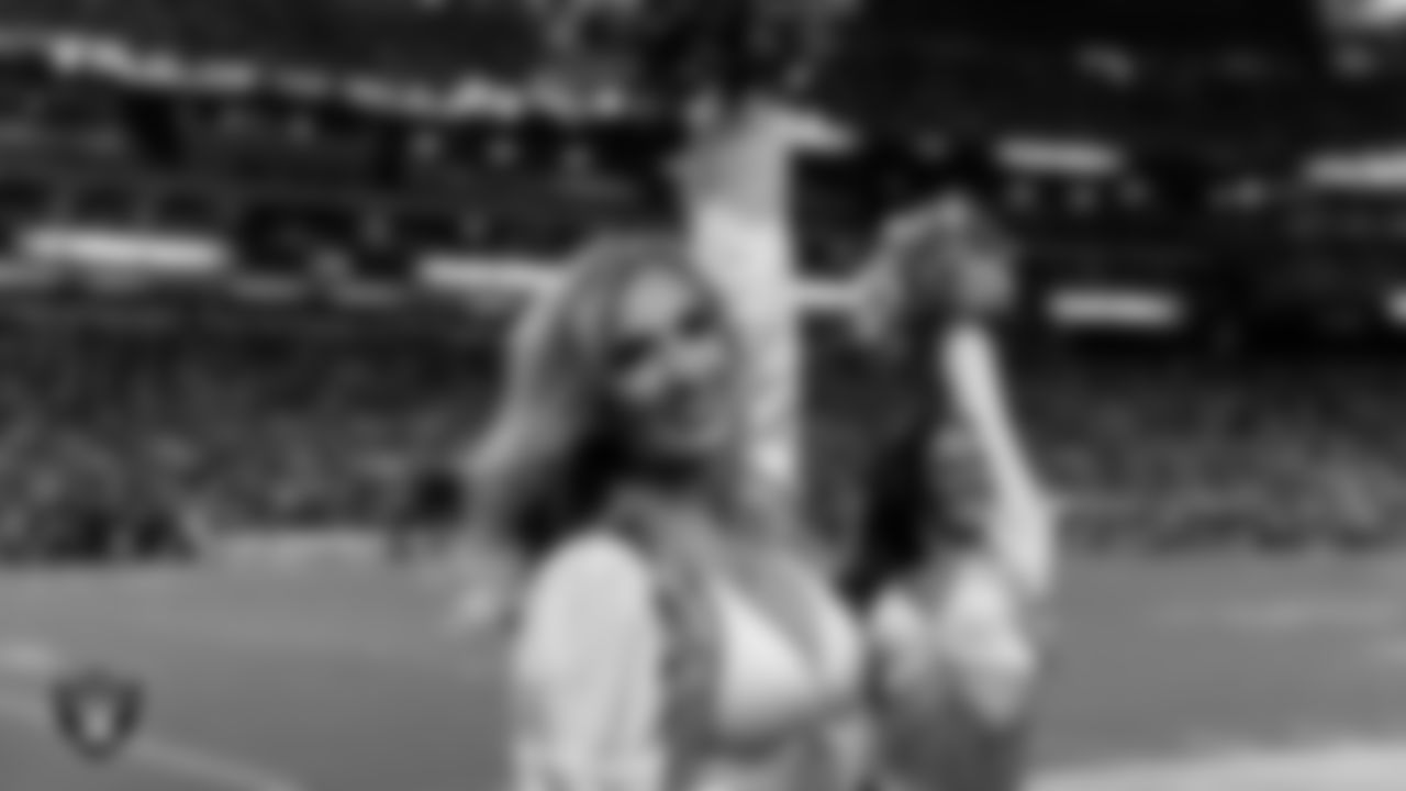 Raiderette Taylor on the sidelines during the regular season home game against the Dallas Cowboys at Allegiant Stadium.