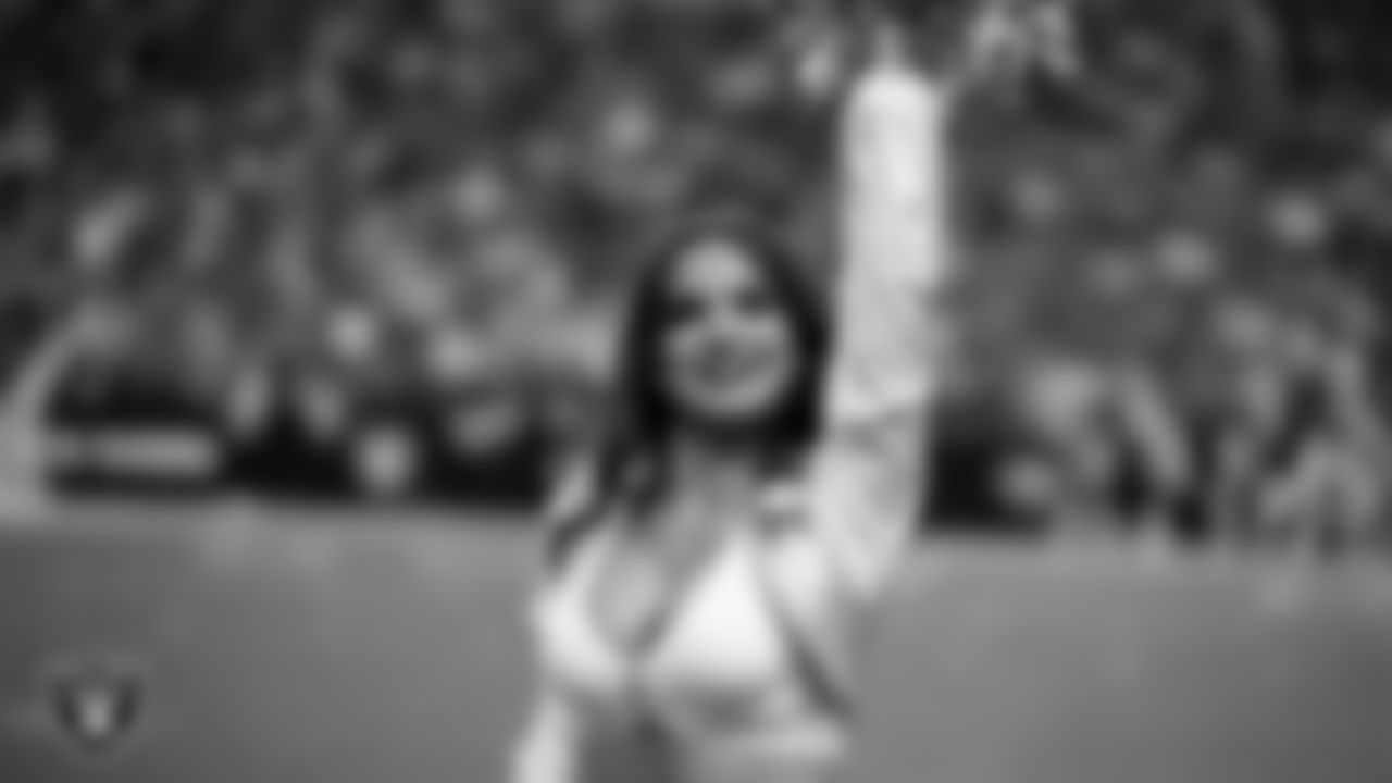 Raiderette Reagan on the sidelines during the regular season home game against the Jacksonville Jaguars at Allegiant Stadium.