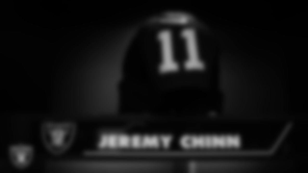 Las Vegas Raiders safety Jeremy Chinn's (11) pads in the locker room prior to the Las Vegas Raiders' arrival for their regular season home game against the Tennessee Titans at Allegiant Stadium.