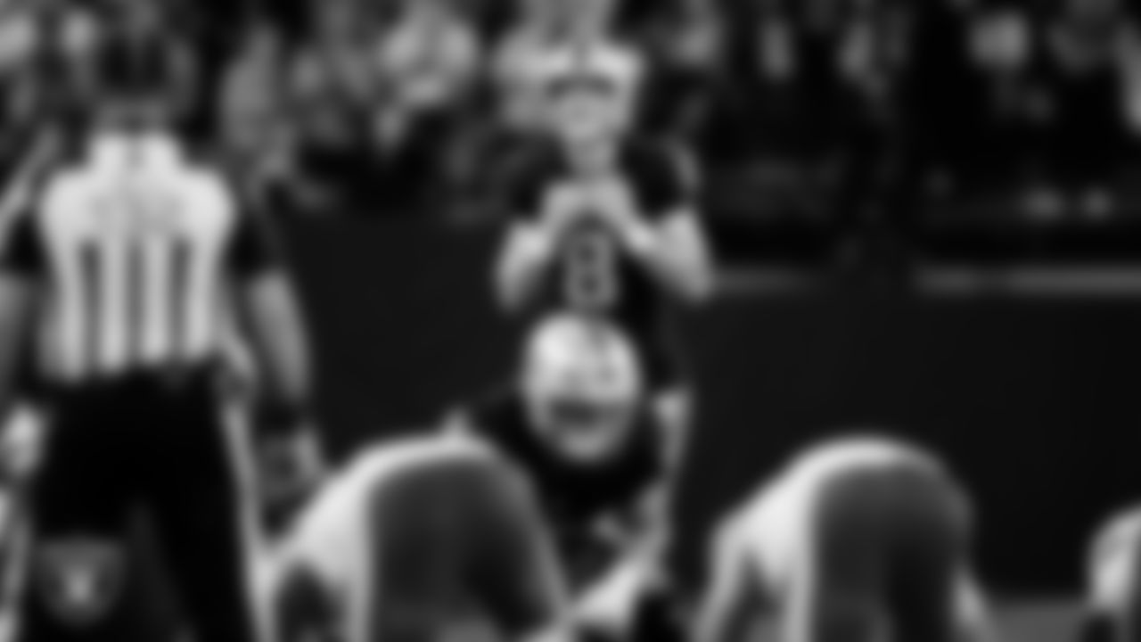 Las Vegas Raiders kicker Daniel Carlson (8) lines up before kicking a 60-yard field goal during the regular season home game against the Kansas City Chiefs at Allegiant Stadium.