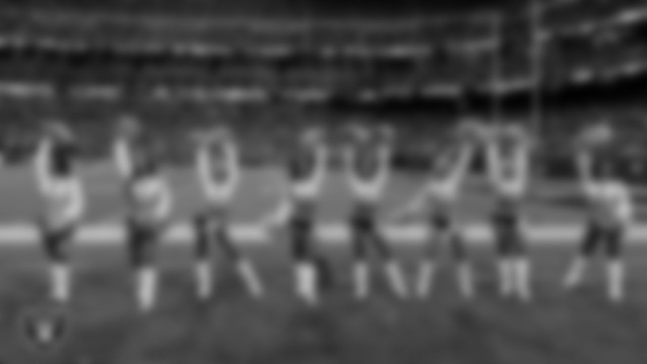 Line 3 of the Raiderettes on the sidelines during the regular season home game against the Jacksonville Jaguars at Allegiant Stadium.