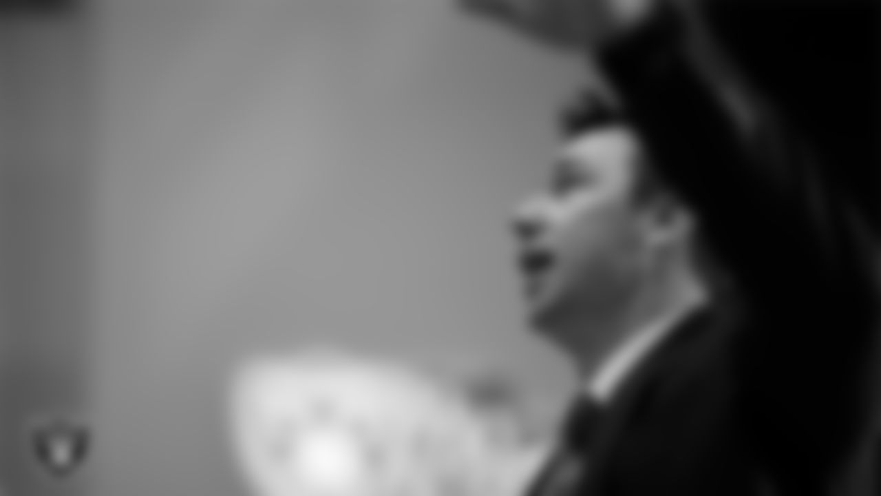 Las Vegas Raiders Head Coach Klint Kubiak is welcomed by alumni, players and staff to Intermountain Health Performance Center.