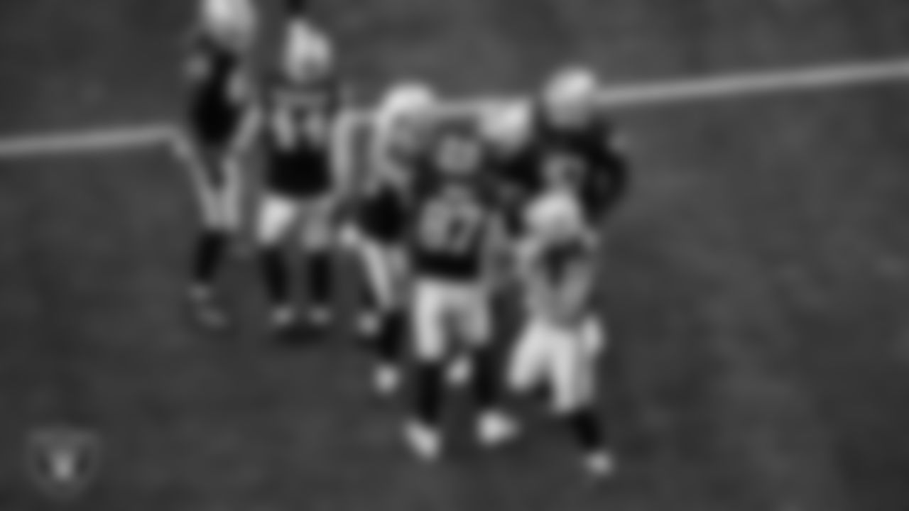 Las Vegas Raiders tight end Michael Mayer (87) celebrates with teammates after making a tackle during the regular season home game against the Jacksonville Jaguars at Allegiant Stadium.