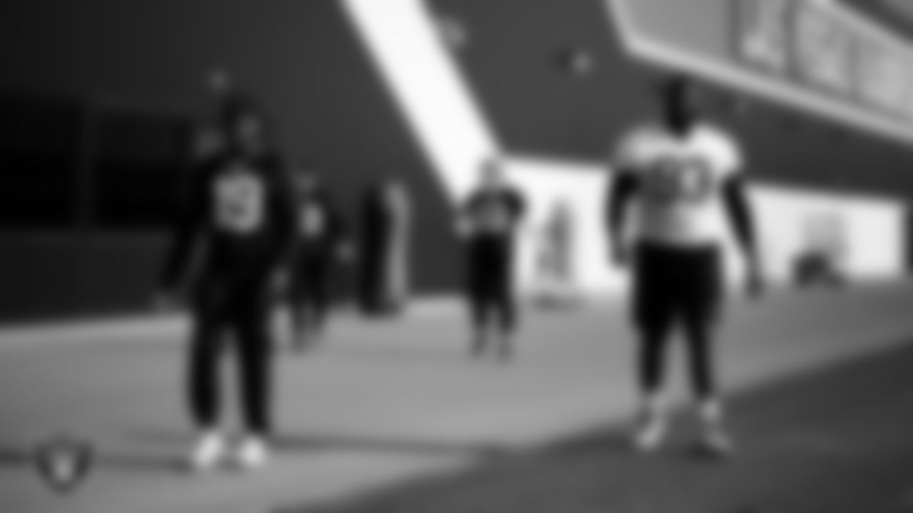 Las Vegas Raiders safety Brandon Hill (37) and guard McClendon Curtis (63) during practice at Intermountain Health Performance Center.