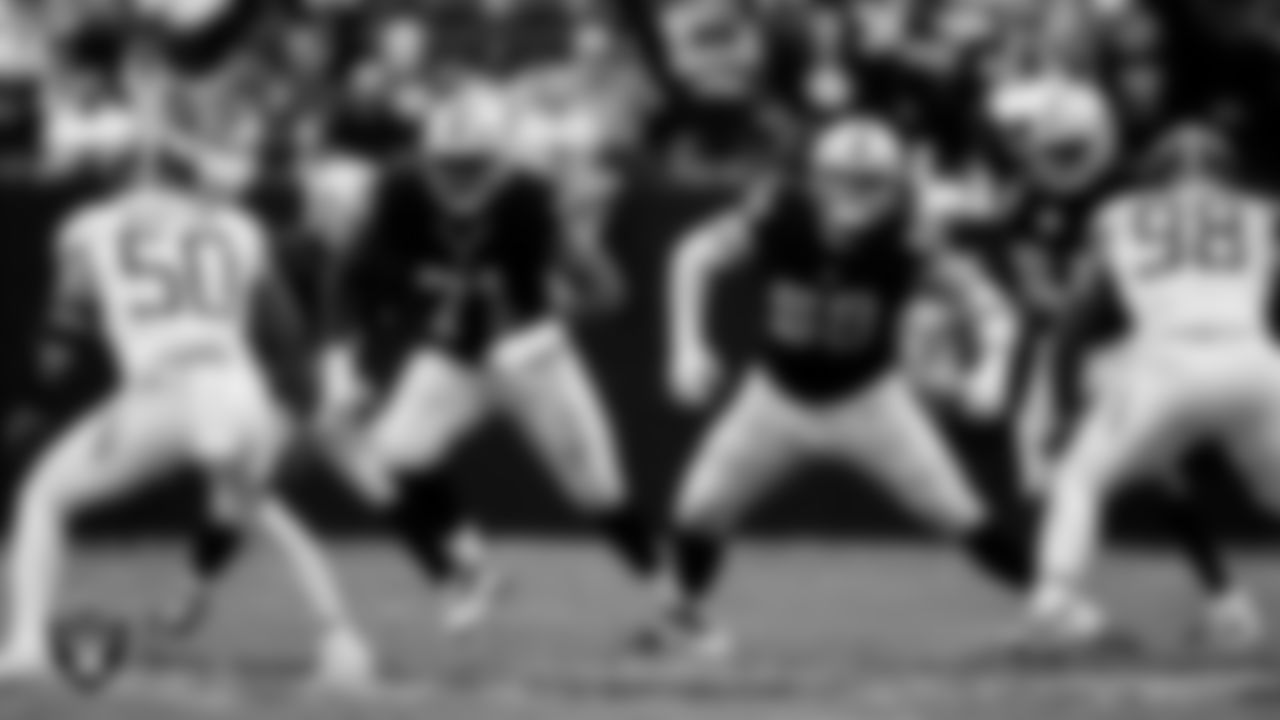 Las Vegas Raiders tackle DJ Glaze (71) and center Jackson Powers-Johnson (58) during the regular season home game against the Tennessee Titans at Allegiant Stadium.