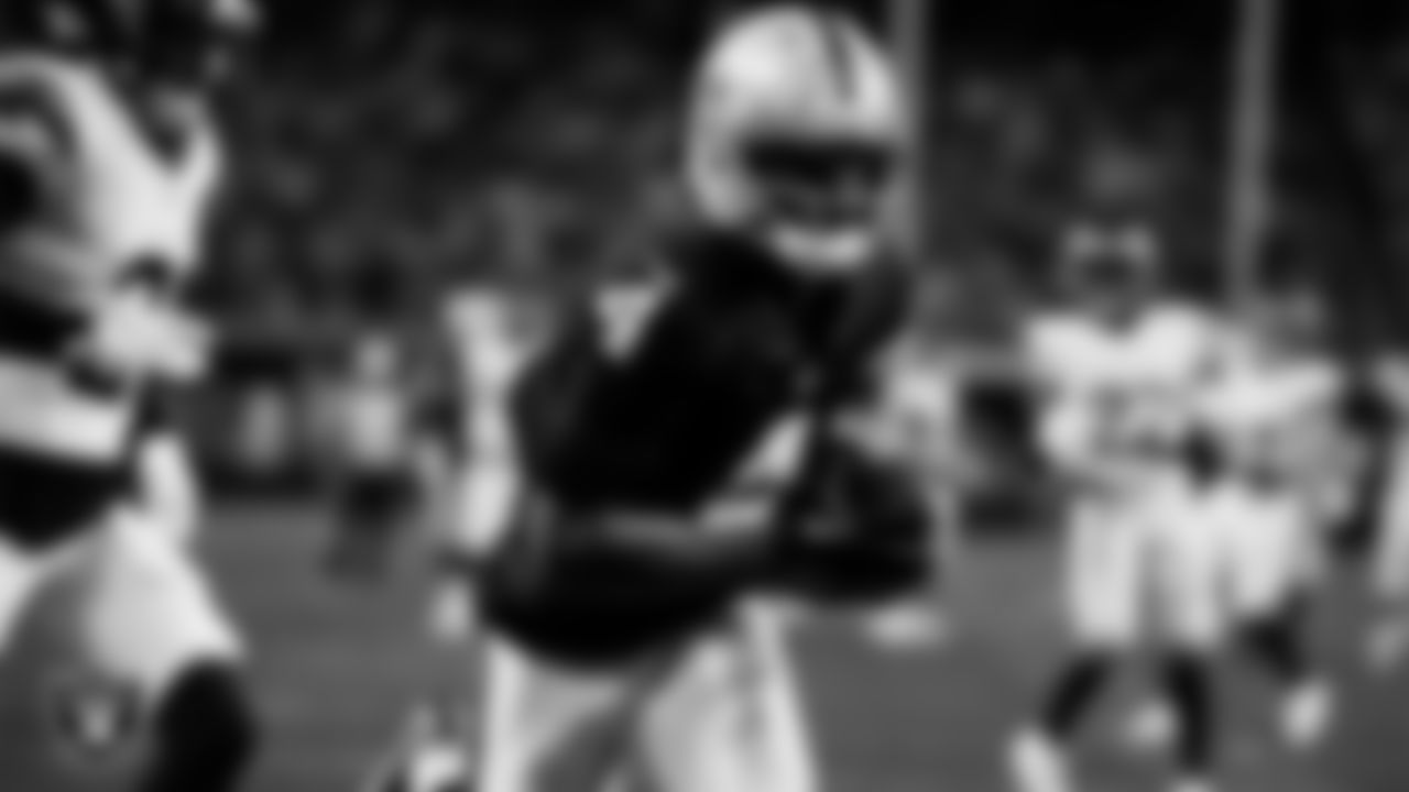 Las Vegas Raiders wide receiver Shedrick Jackson (4) runs after making a 25-yard touchdown catch during the regular season home game against the Denver Broncos at Allegiant Stadium.