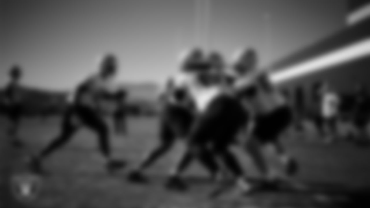 The Las Vegas Raiders offensive linemen during practice at Intermountain Health Performance Center.