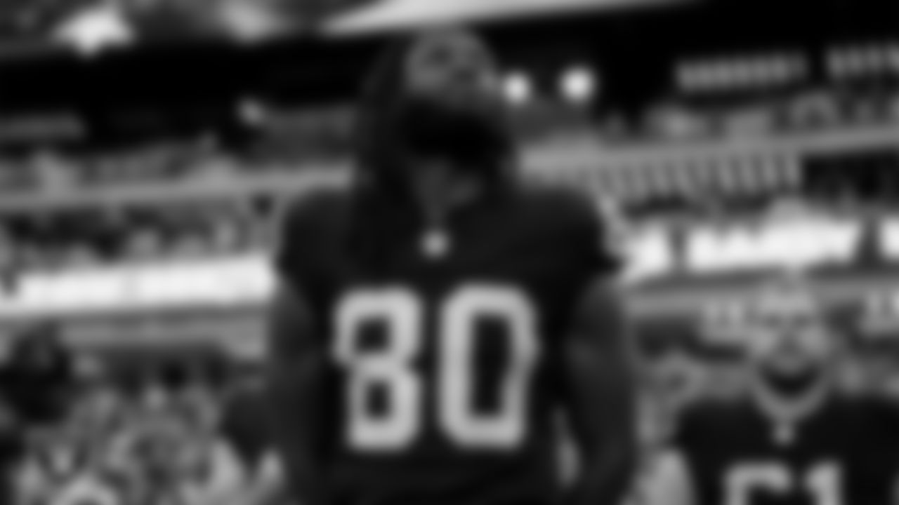 Las Vegas Raiders tight end Ian Thomas (80) during the national anthem before the regular season home game against the Jacksonville Jaguars at Allegiant Stadium.