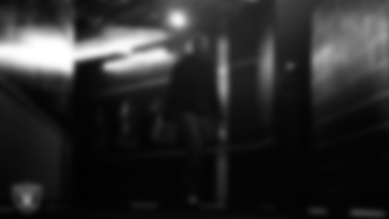 Las Vegas Raiders defensive end Tyree Wilson (9) arrives to the regular season home game against the Denver Broncos at Allegiant Stadium.