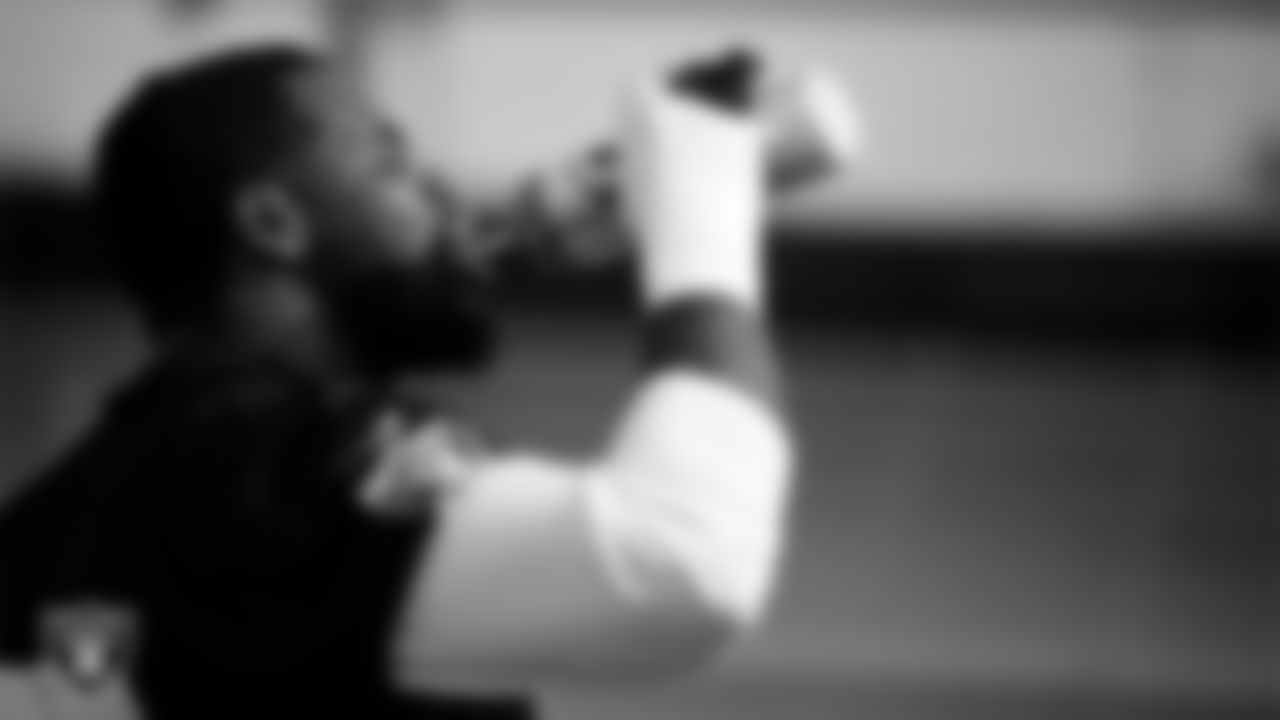 Las Vegas Raiders tackle Leroy Watson IV (77) during practice at Intermountain Health Performance Center.