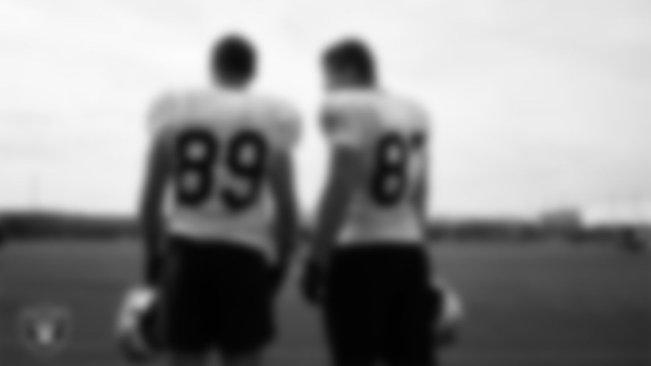 Las Vegas Raiders tight end Brock Bowers (89) and tight end Michael Mayer (87) during practice at Intermountain Health Performance Center.
