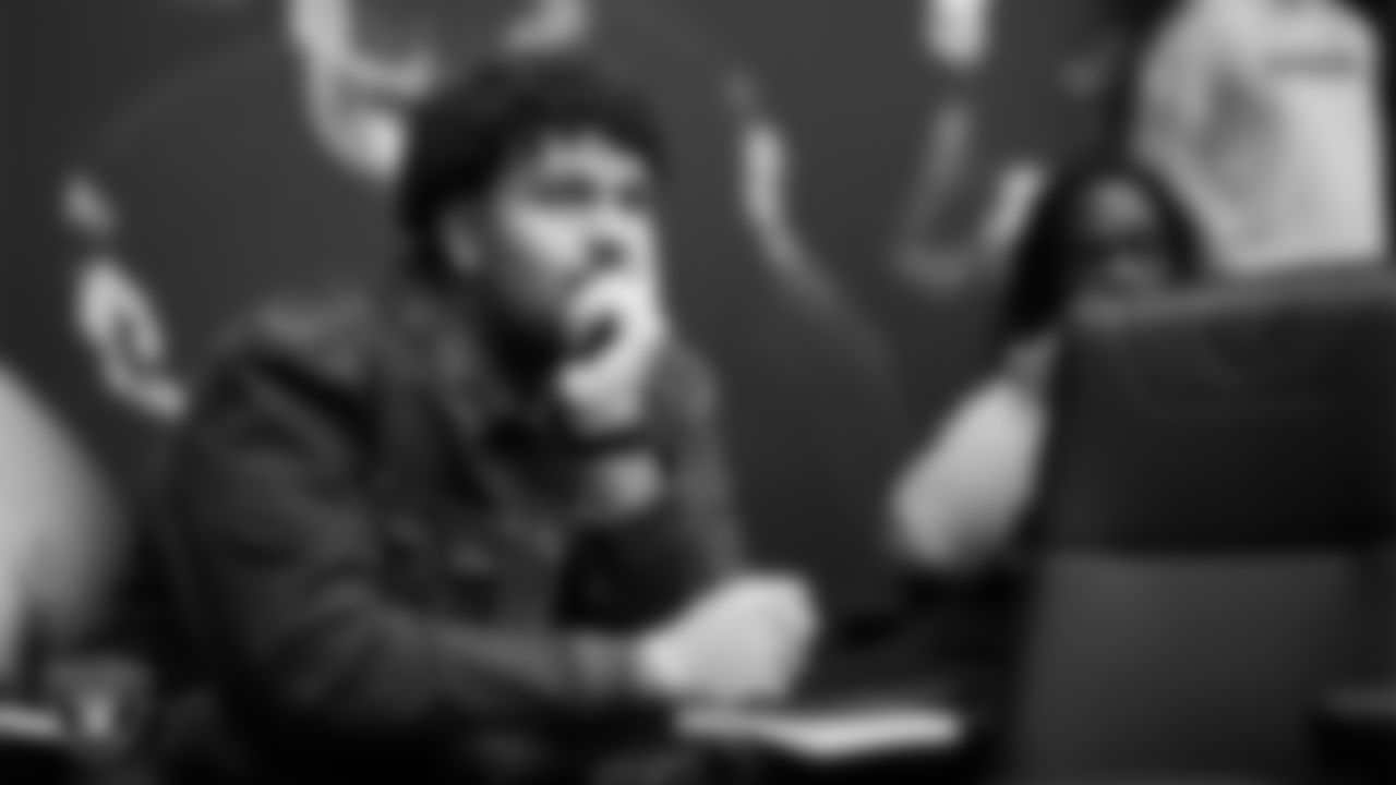 Las Vegas Raiders guard Caleb Rogers (76) during Head Coach Klint Kubiak's introductory press conference at Intermountain Health Performance Center.