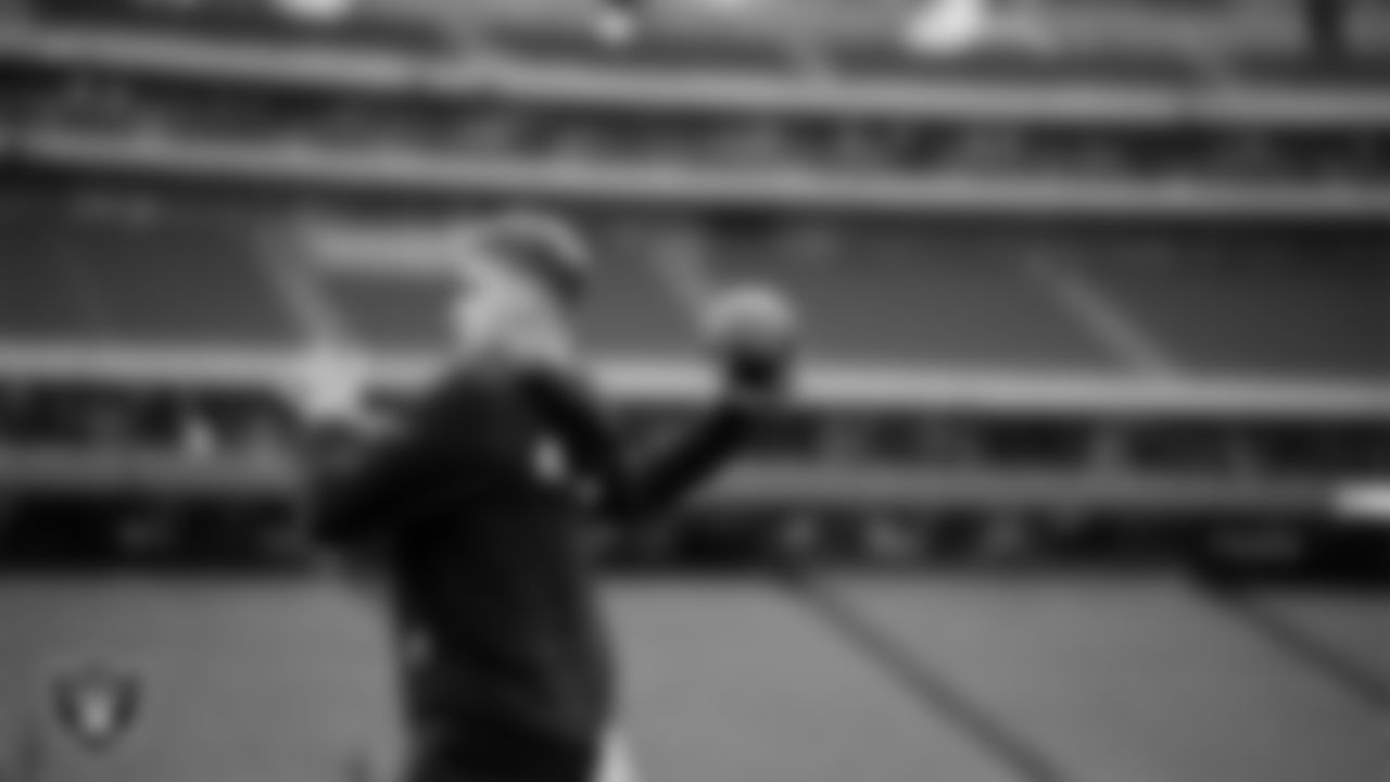 Las Vegas Raiders quarterback Cam Miller (5) warming up before the regular season away game against the Houston Texans at NRG Stadium.