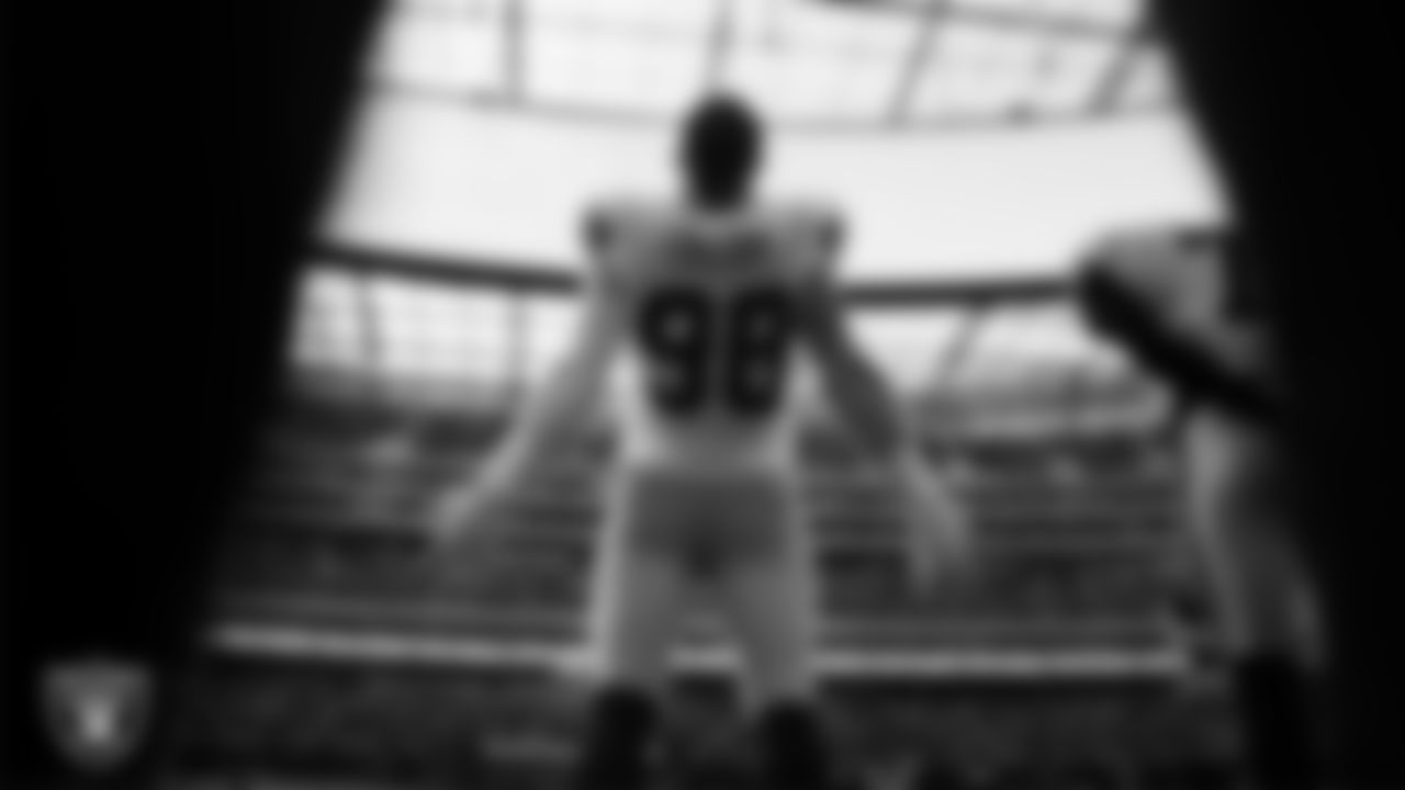 Las Vegas Raiders defensive end Maxx Crosby (98) during the national anthem before the regular season away game against the Los Angeles Chargers at SoFi Stadium.